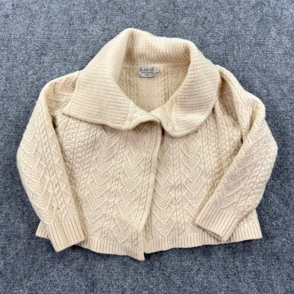 Blarney Woollen Mills Cardigan Medium Cream Cable Knit Wool Aran Sweater Women's